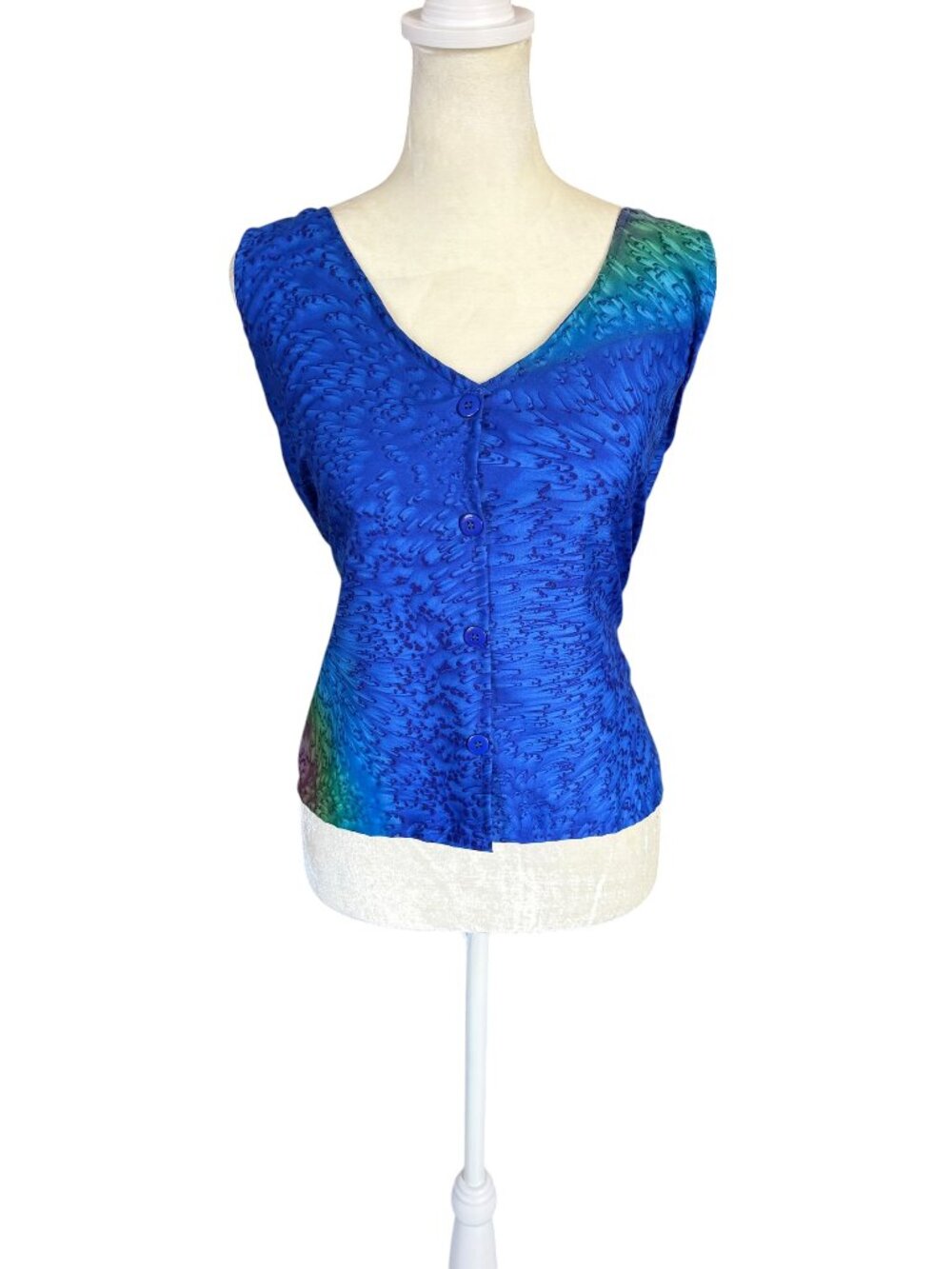 Rima women's blue green tie-dye button down v-neck tie waist top size large